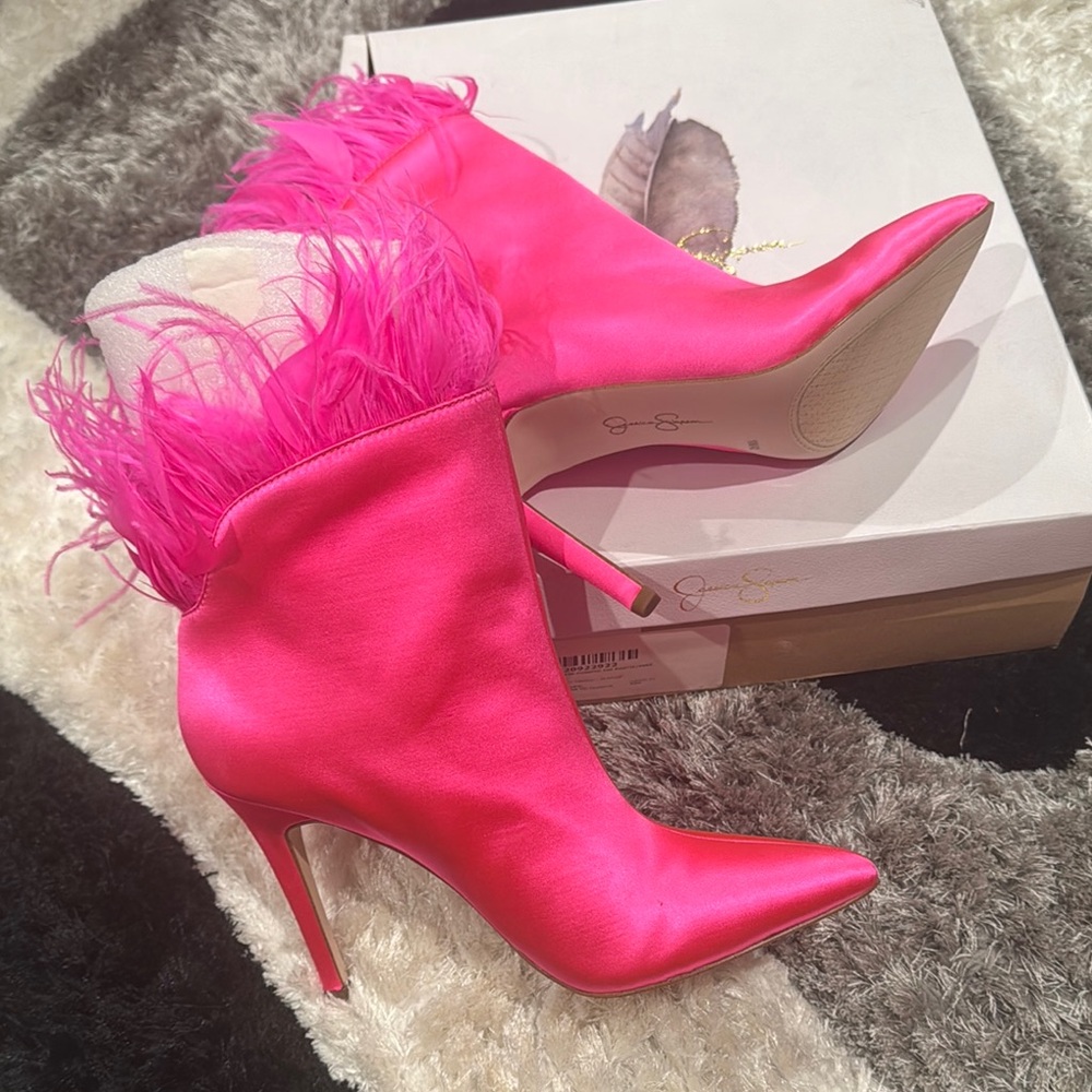 Jessica Simpson Hot Pink Feathered Heeled Boots